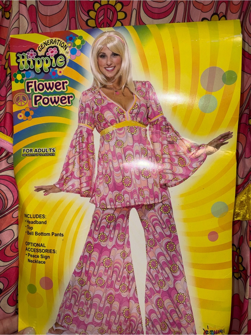 Generation Hippie Flower Power Costume Set Adult One Size Pink Yellow